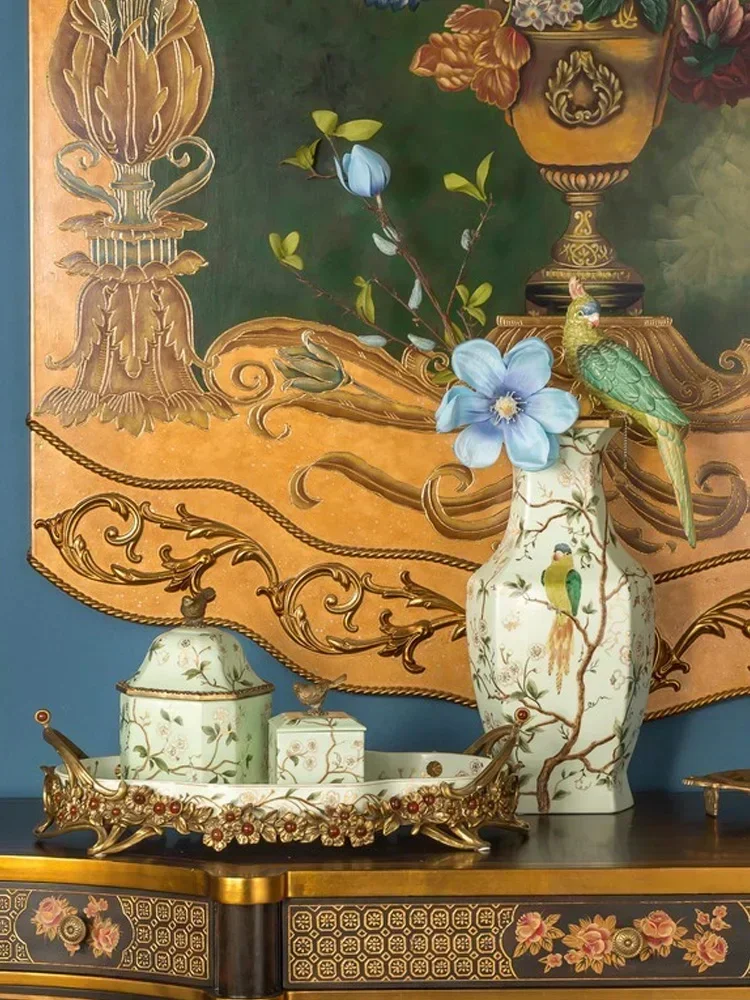 Hot sales Home Luxury Heavy Industry Tray Light Green Painted Flower and Bird Copper with Ceramic Desktop Retro Tea Plate
