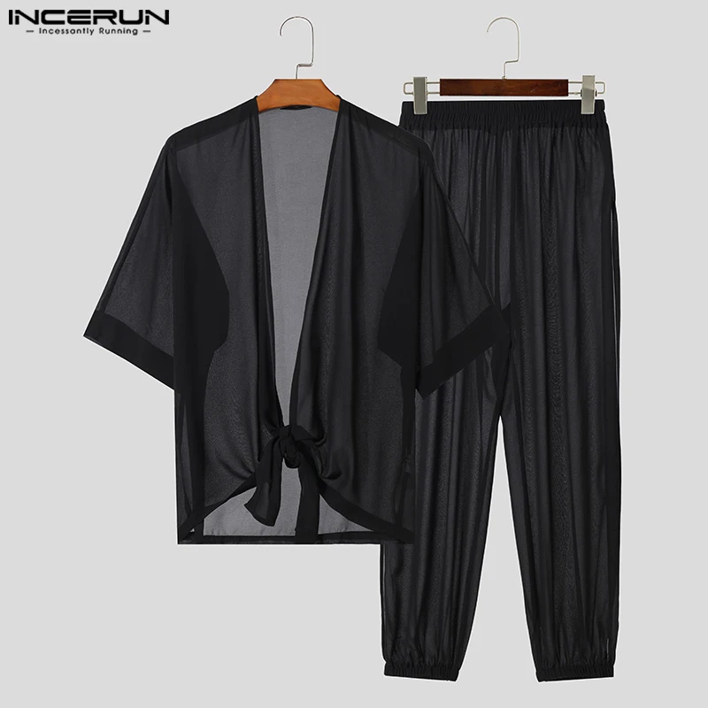 INCERUN Men Sets Solid Transparent Sexy V Neck Short Sleeve Shirt & Split Pants 2PCS Streetwear Loose 2024 Fashion Men\'s Suits