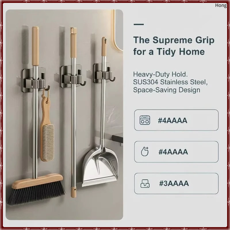 Wall Mounted Mop Organizer Clips Self-Adhesive Bathroom Mop Hanger Holder Rack Hooks 304 Stainless Steel Mop Clip Clamp