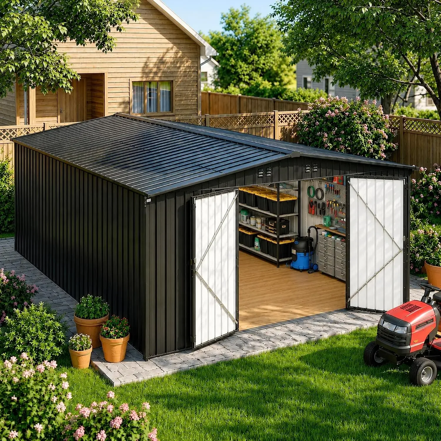 10x14 FT Metal Storage Shed Large | Waterproof, Lockable Double Hinged Door, Reinforced Frame Structure, Sloped, Customized