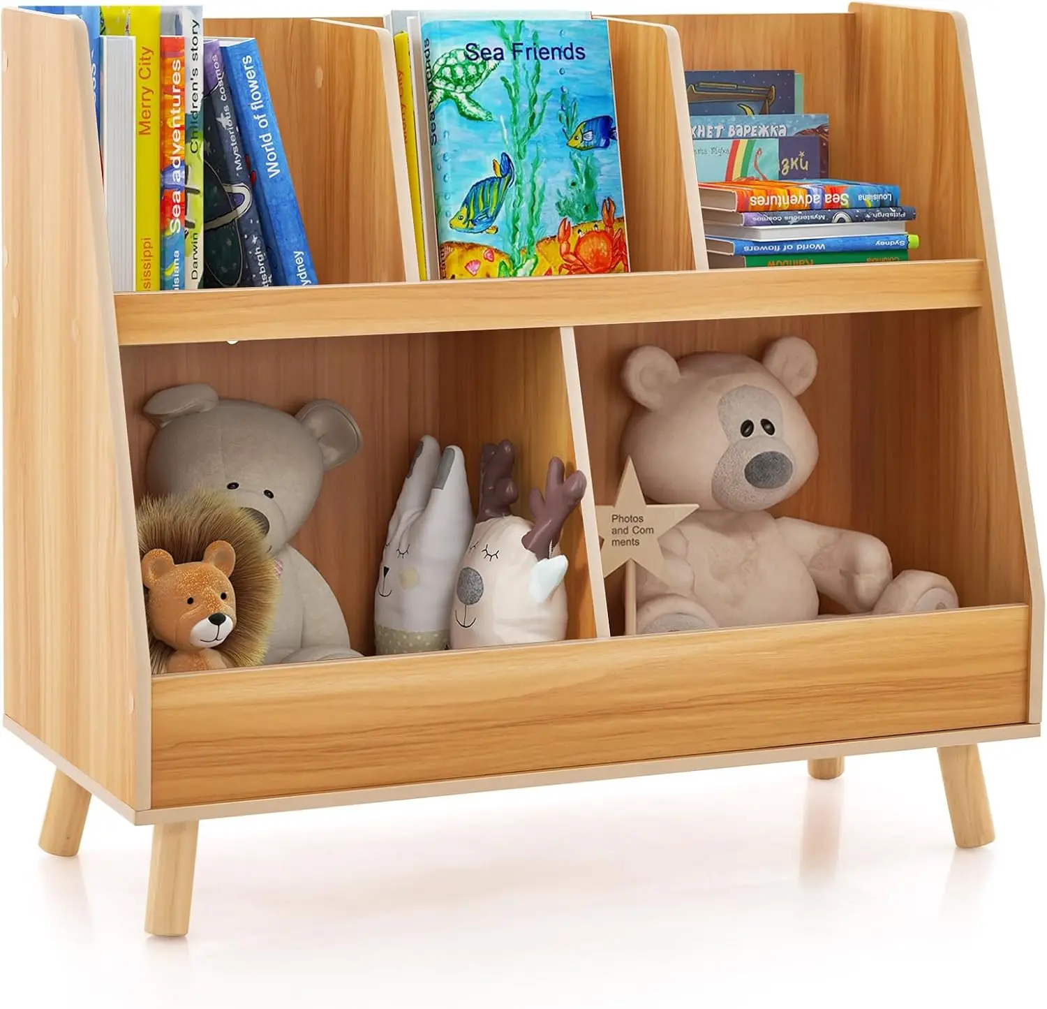 

Toy Storage Organizer With Bookcase, 5-Cubby Children Toy Storage Cabinet, 2-Tier Open Book Display Organizer W/Legs, Free