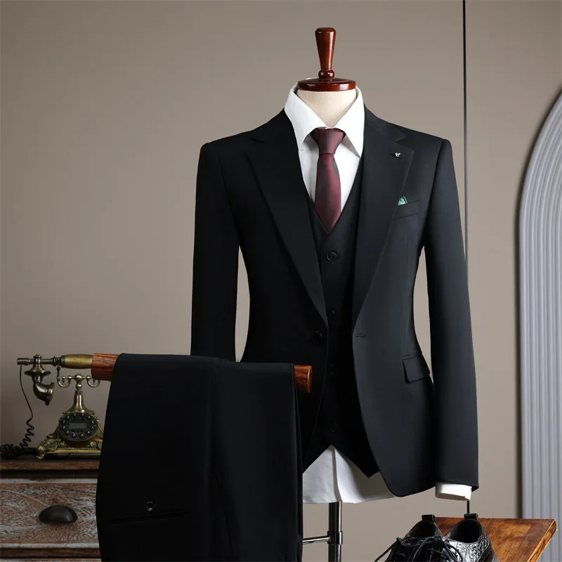 High Quality Men's Suit (jacket+vest+pants) Formal Business Office Men's Suits Groom Wedding Party Dress Solid Color Suit S-4XL