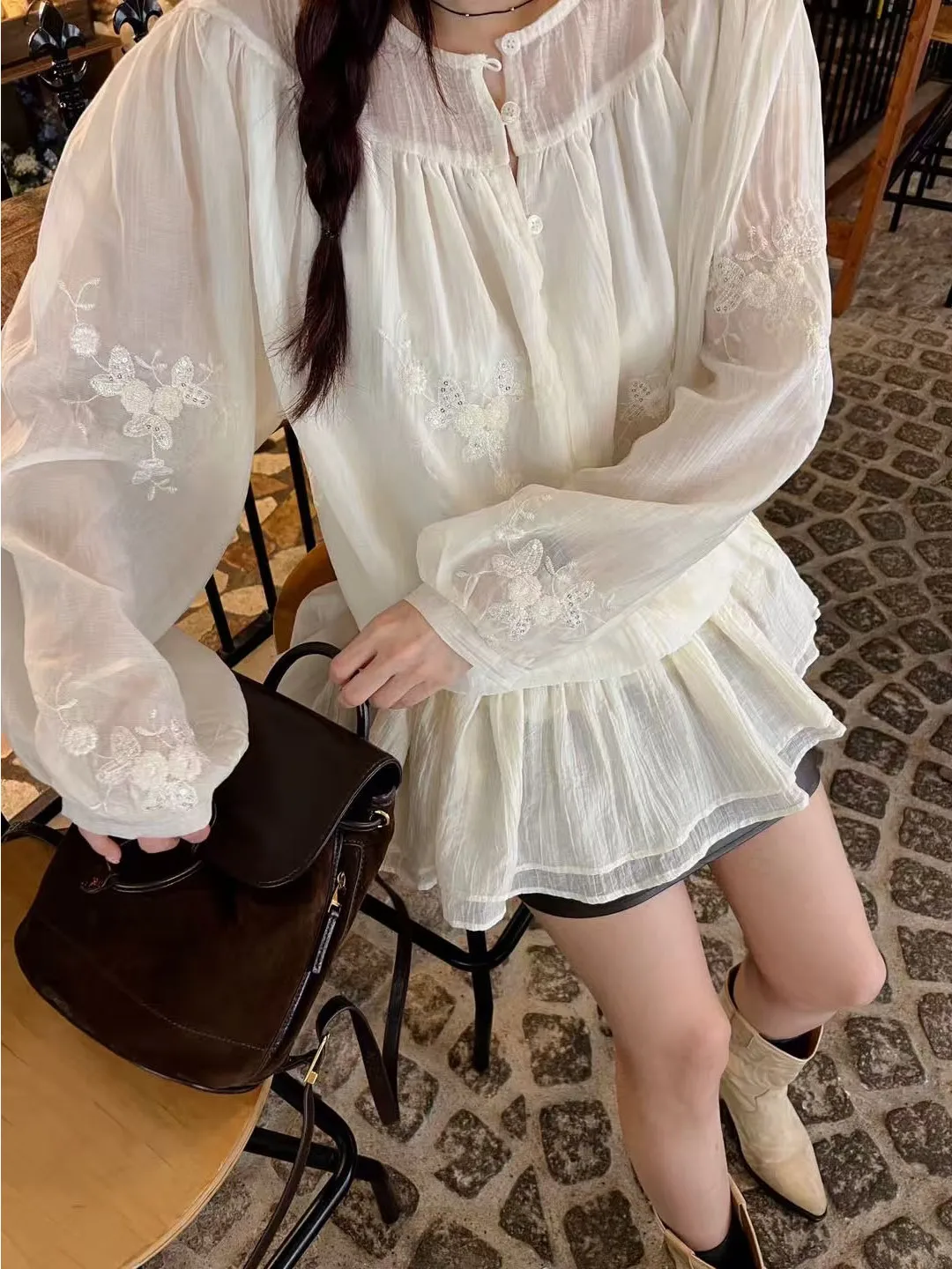 

East Gate Sweet Embroidery Doll irt Dr Women's ort Skirt Flounce Sve Long Polyester Fiber round Ne Dstring