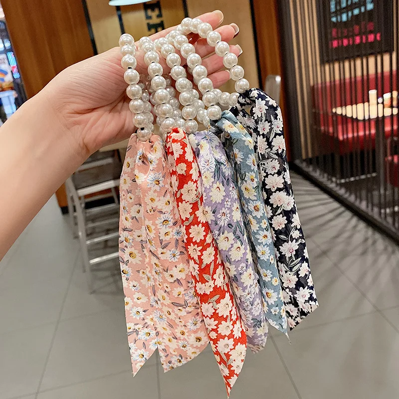 

2Leopard Print Bow Hair Tie Korean High-End Style Hair Rope for Women Pearl Floral Ribbon Hair Accessory