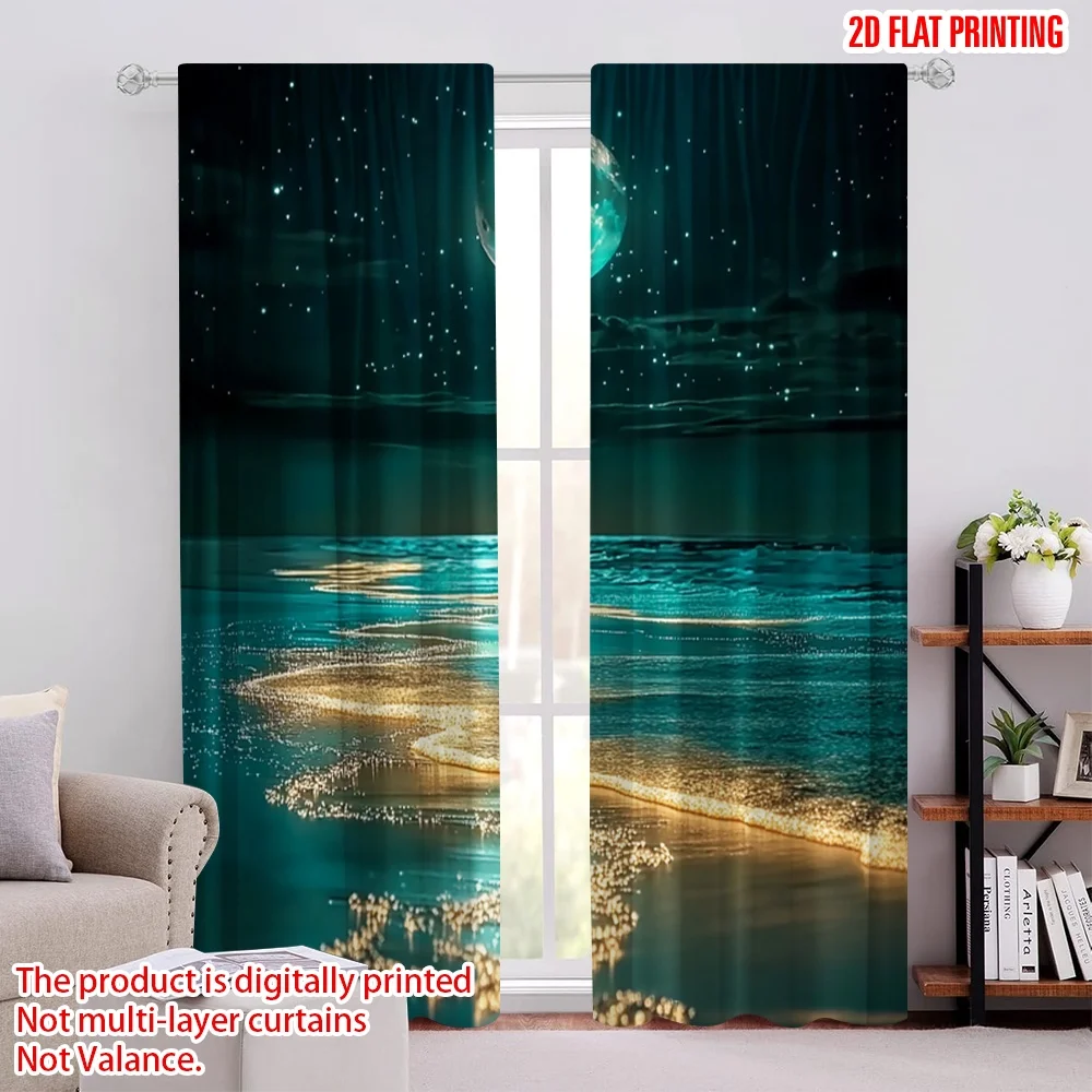 

2Pcs 2D Flat PrintingMoonlit Night At The Seaside Pattern Curtain Design For Living Room Bedroom Kitchen And Office Contemporary