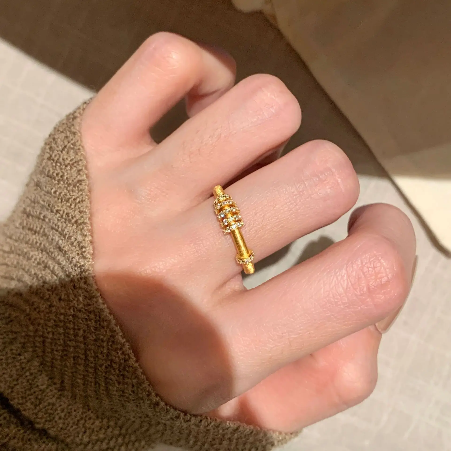 SS925 Silver Rotatable Rhinestone Spinner Ring, Chinese Style Brushed Texture Women