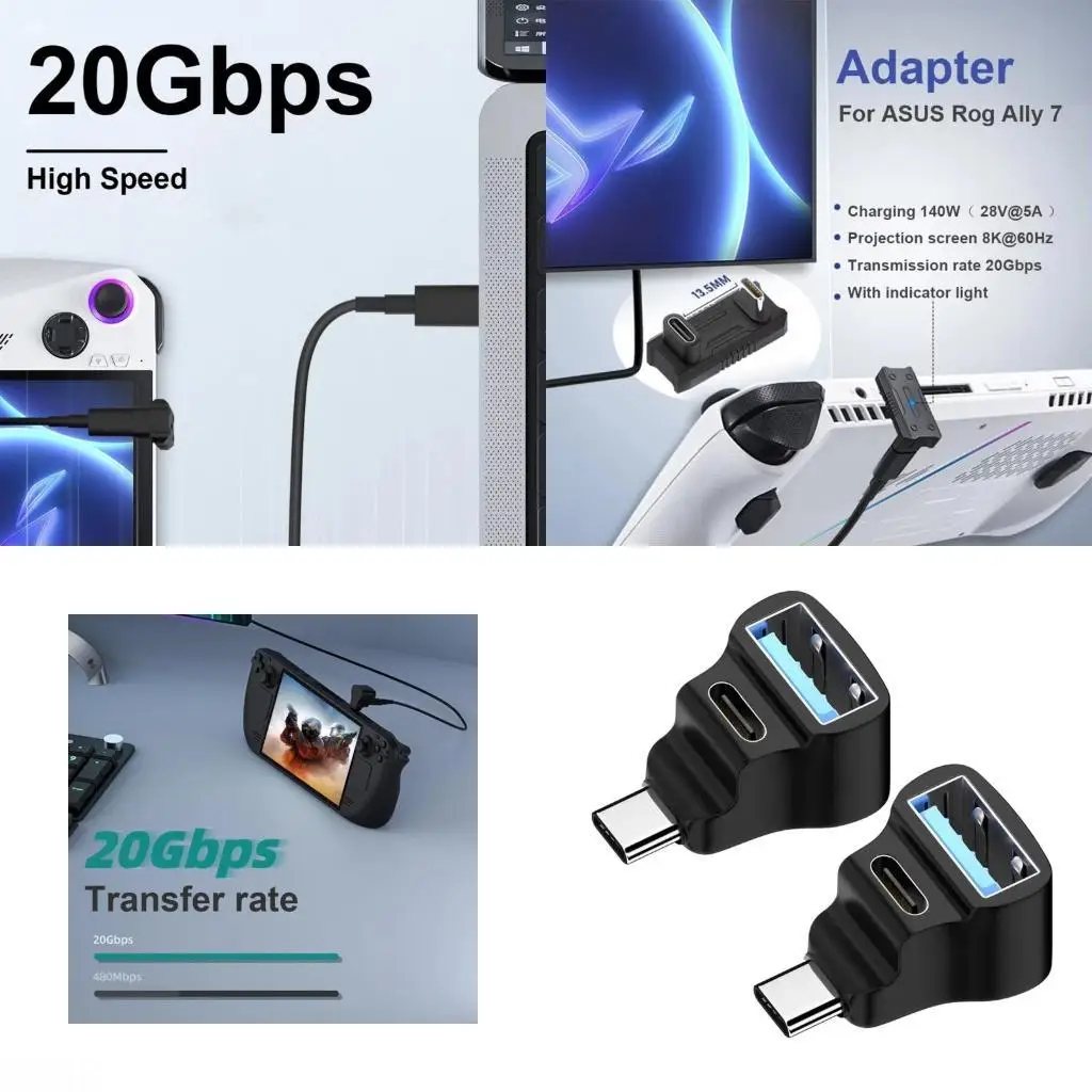 D08B PD140W Type C Male Female Adapter 20Gbps for ROG Handheld Gaming Devices