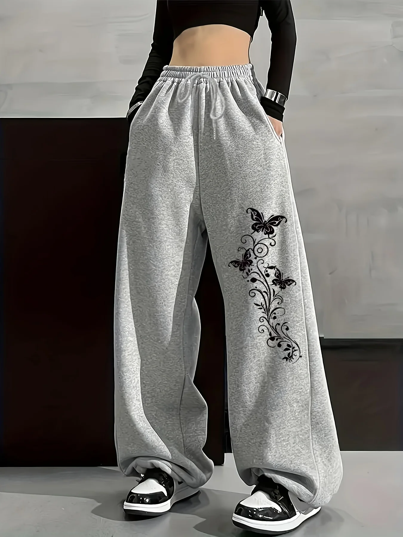 

Женские осенние и зимние свободные прямые флисовые спортивные штаны больших размеров с принтом бабочки, уличная одежда с эластичным поясом, универсальная