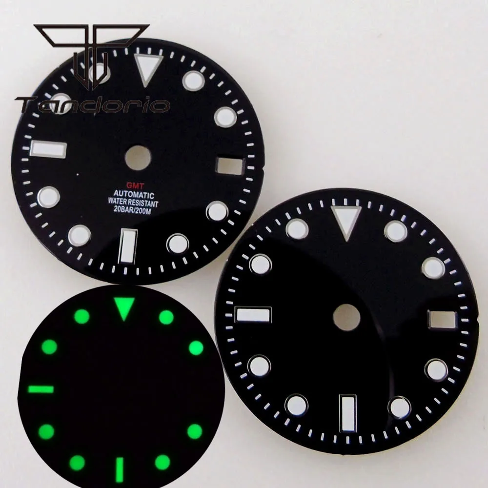 29mm Black Sterile Watch Dial Date Window Green Luminous Marks Fit GMT NH34A Automatic Movement Watch Parts Accessories