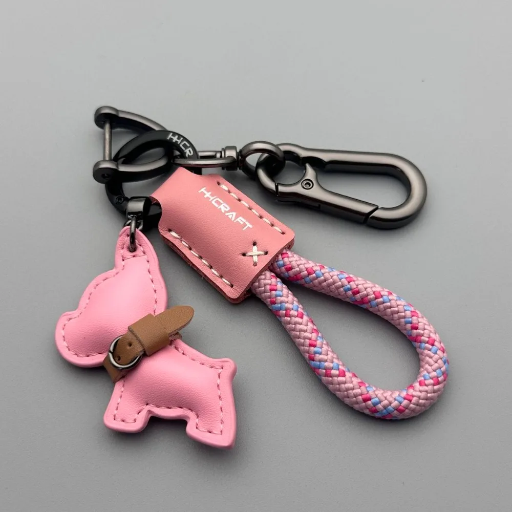 Schlüsselanhänger mit französischer Bulldogge, handgefertigt aus echtem Leder, geflochtener Seil-Schlüsselanhänger mit Anti-Verlust-Riemen für Damen und Herren, Autoschlüssel zum Organisieren – Detail 5