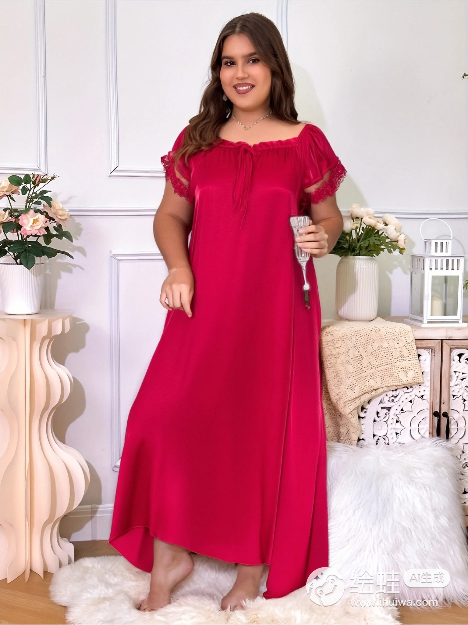 Women Plus Size Red Nightgown Thin Short Sleeve Square Neck Sleep Dress With Lace Trim Drawstring Long Pajama Dress