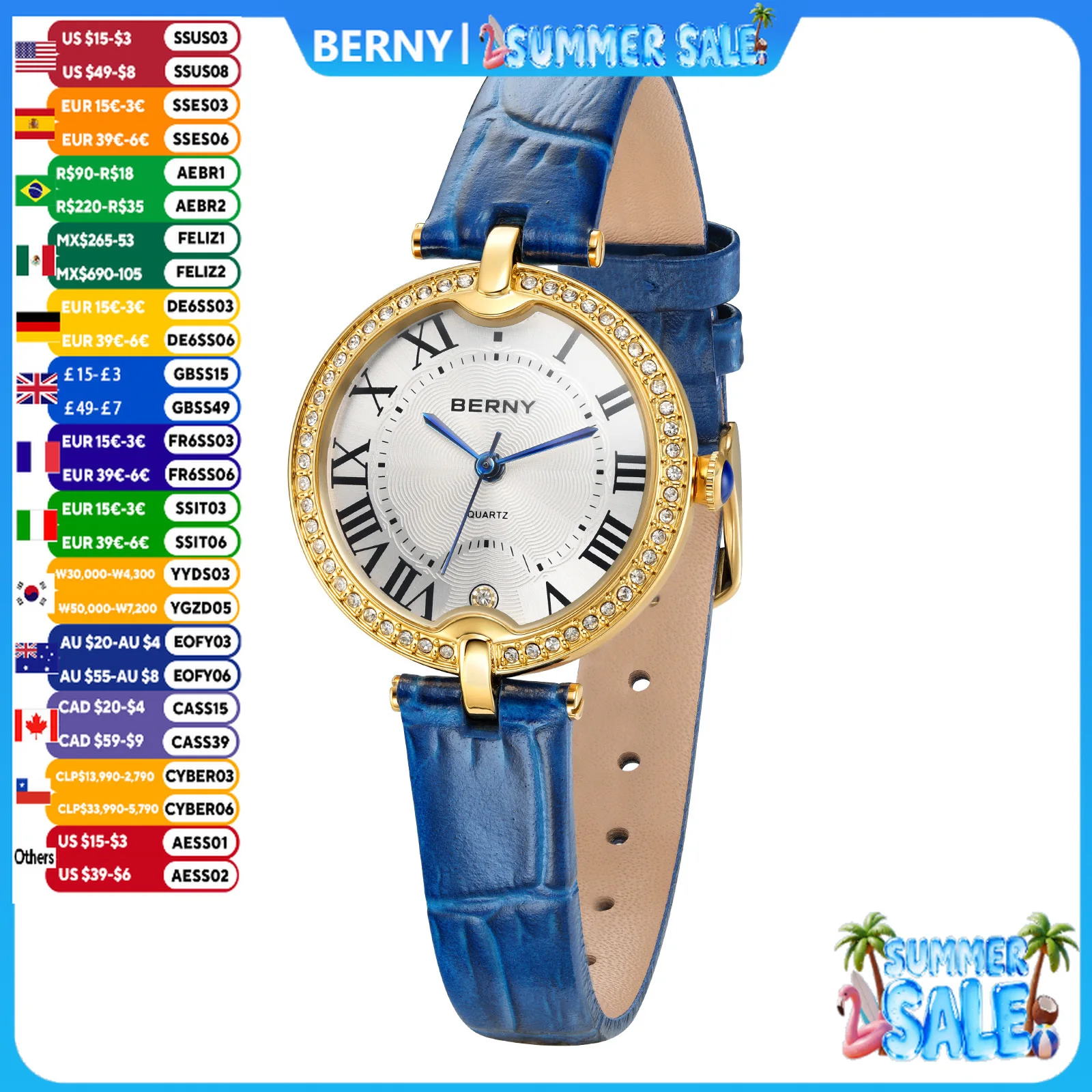 

BERNY Women's Watches Luxury Slim Elegant Ladies Dress Quartz Watch Fashion Stones Domed Glass Girls Business Daily Wristwatch
