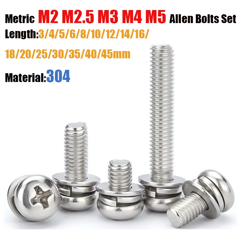 304 Stainless Steel Cross Round Head Three Combination Screws M2 M2.5 M3 M4 M5 M6 M8 With Washers Furniture Hardware Fastener