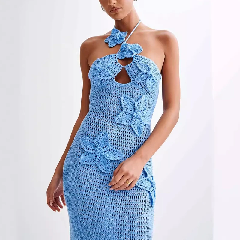 Elegant Beach Vacation Summer Trend Clubwear Bodycon Dress Appliques Halter Sexy Dress Women Flower Knit See Through Long Dress