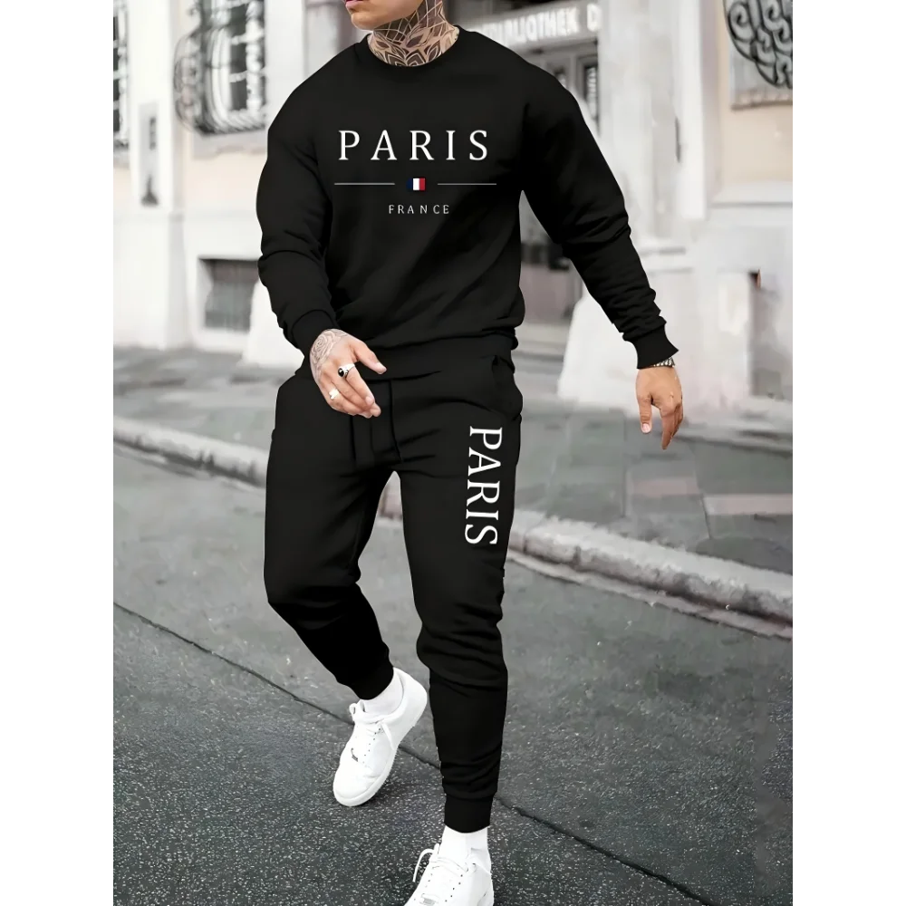 

2pcs Men's Paris Print Sweatsuit Set, Sweatshirt Joggers, Regular Fit Knit Fabric with Casual Fall Sports Tracksuit