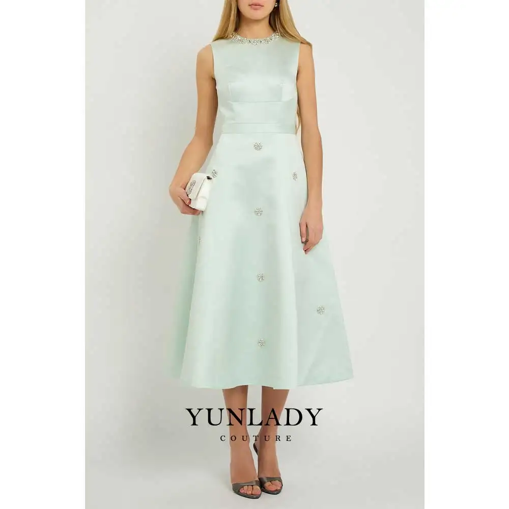 Vestidos de Invitada de Boda para Mujer, Sin Mangas, con Cristales, Lujosos, para Madre de la Novia, Corte A, Cuello Redondo, Vestido de Fiesta Midi, Personalizado