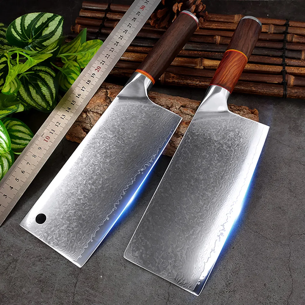 2PCS set Damascus Steel Forging Chef Food Cutting Chop Bone Cooking Tool Multipurpose Ultra Sharp Blade Color Wood Handle Knives