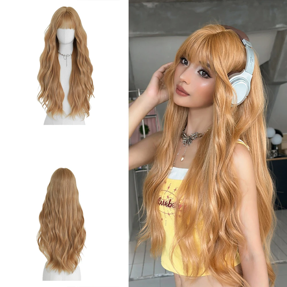 شعر مستعار اصطناعي طويل مجعد مع غرة ذهبية وبنية، شعر مستعار رقيق ومقاوم للحرارة مناسب للحفلات اليومية النسائية