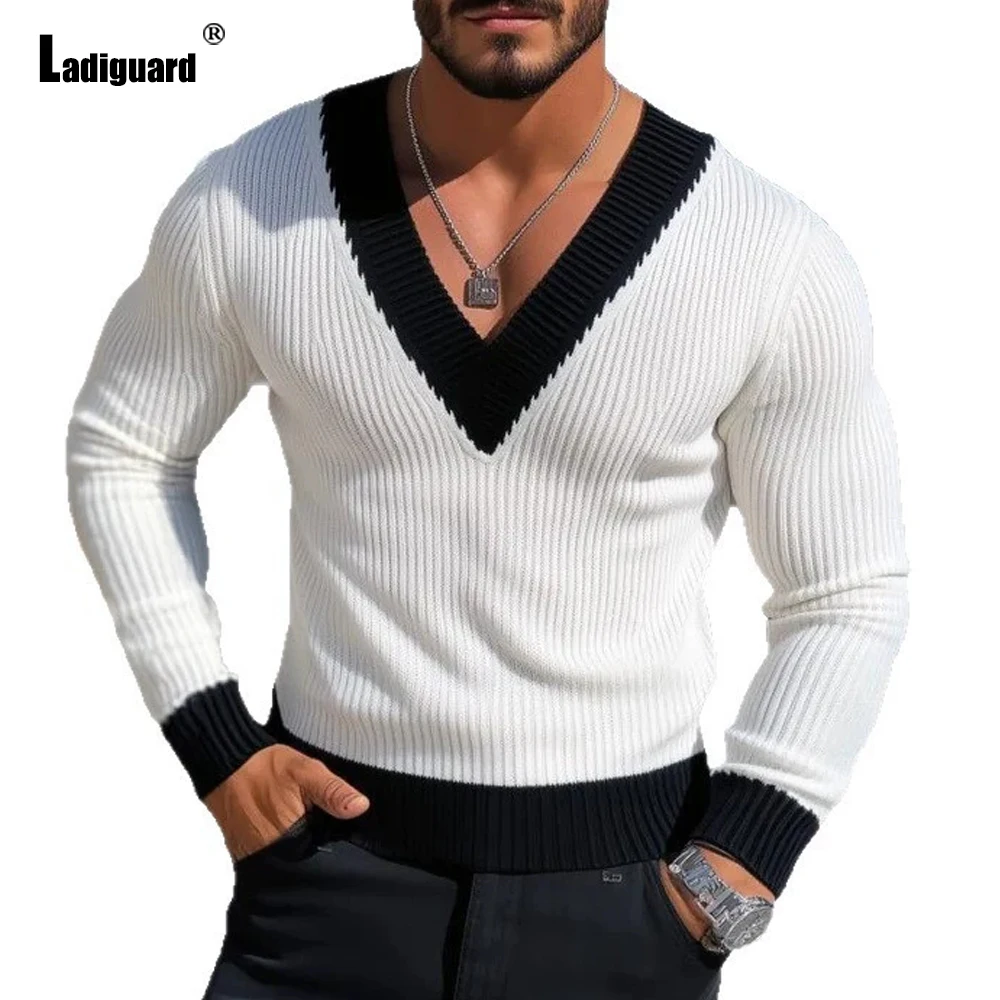 

Mens Elegant Leisure Casual V-neck Knitted Sweaters New 2025 European Style Classic Basic Jumpers Men Slim Comfy Pullovers White