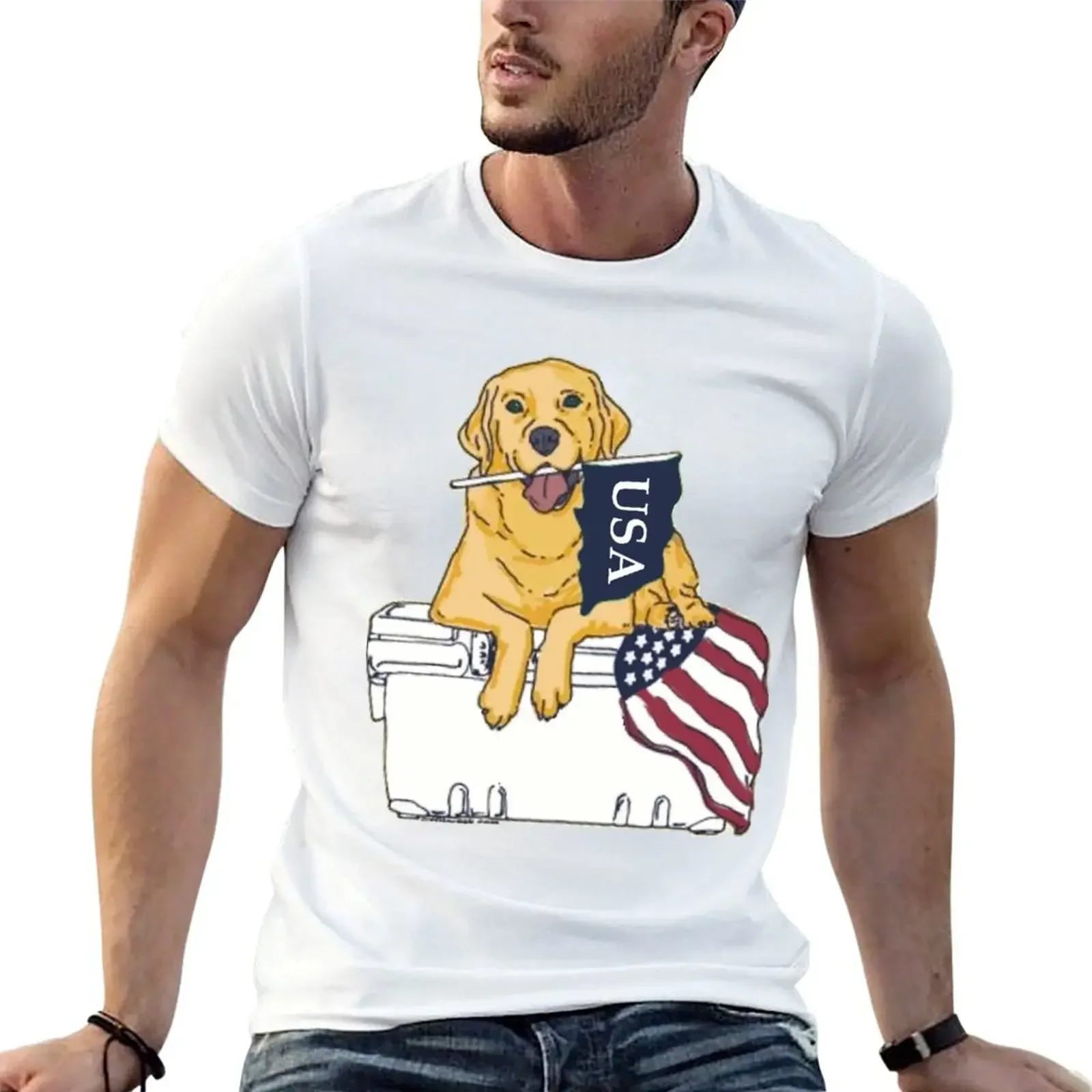 Dog on Cooler with Flag T-Shirt designer shirts summer tops custom t shirt baggy shirts mens graphic t-shirts pack