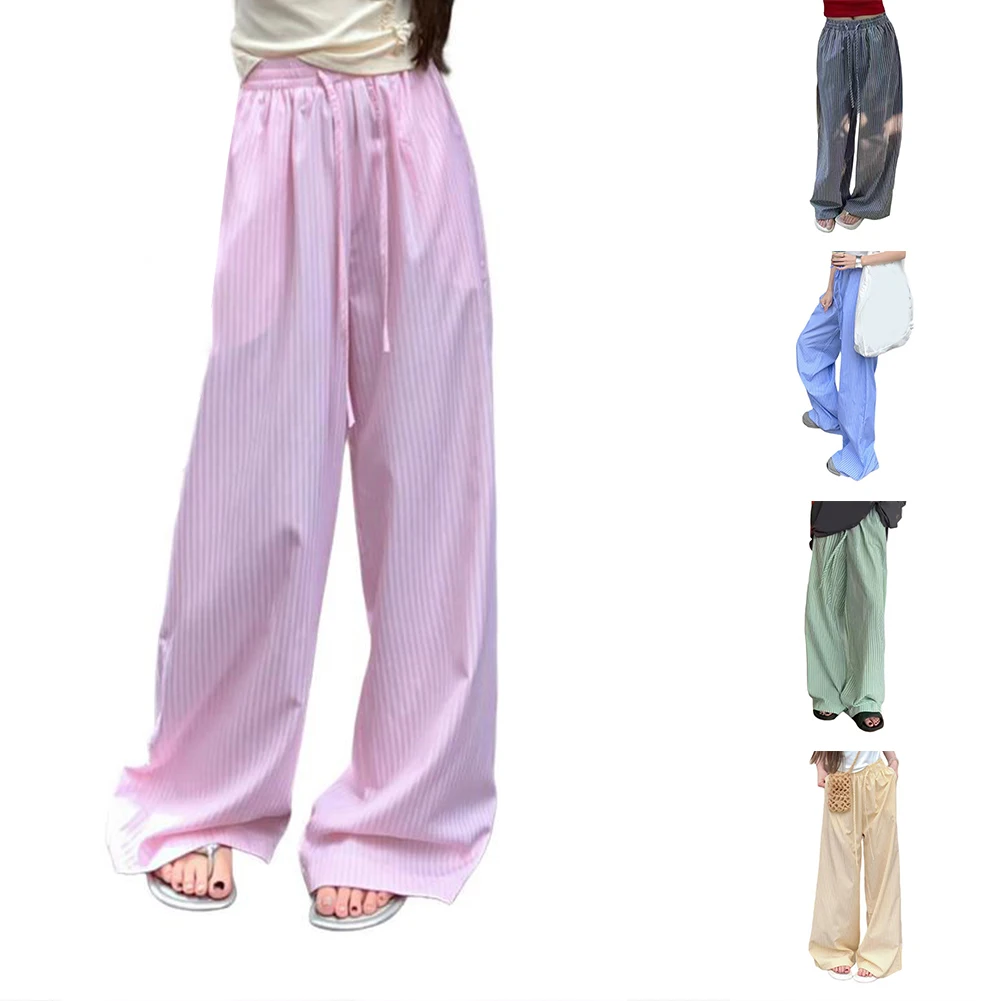

Women Solid Color Draped Pleated High Waist Loose Stripes Casual Trousers Pants