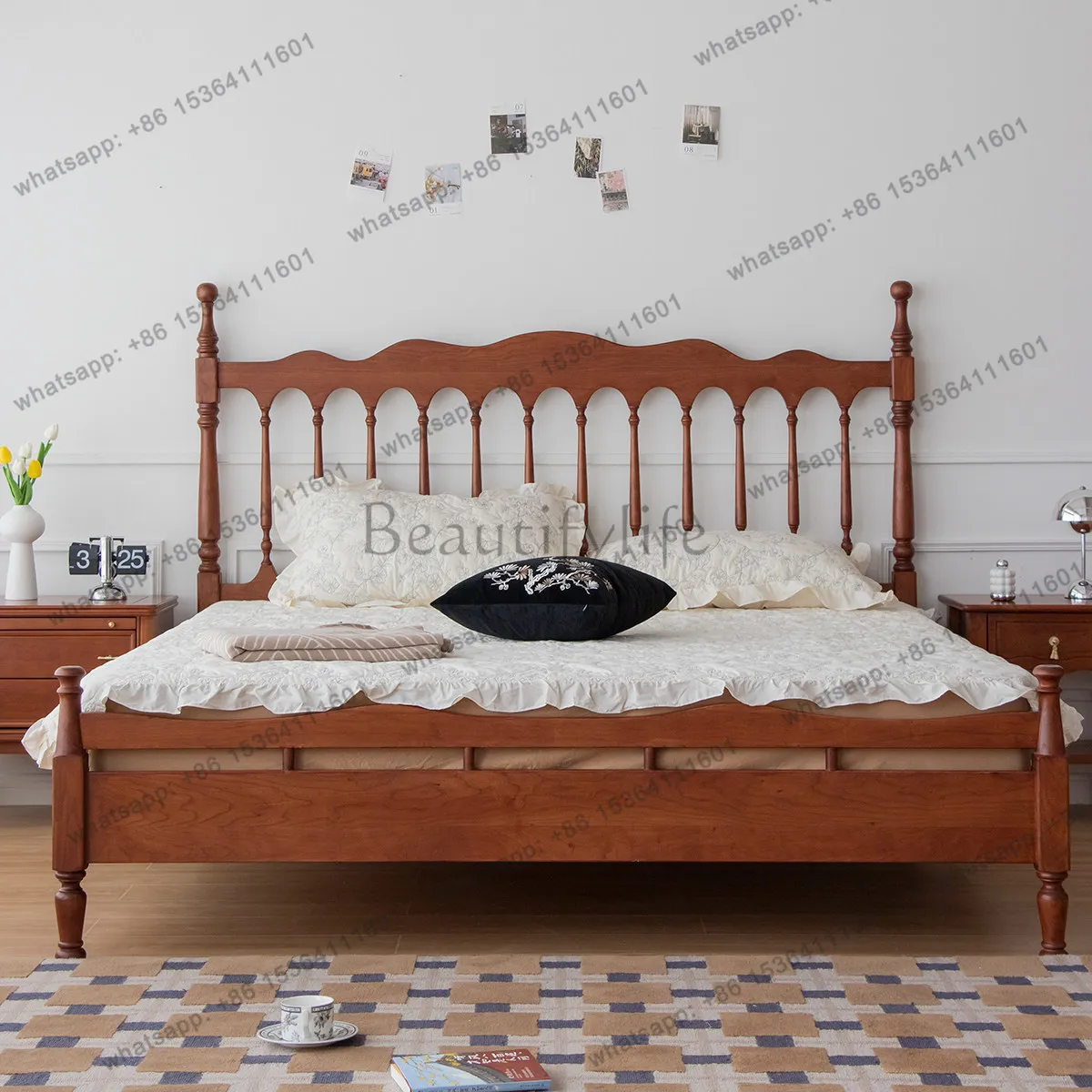 

French retro all solid wood cherry wood medieval Windsor bed master bedroom double bed 1.5 meters