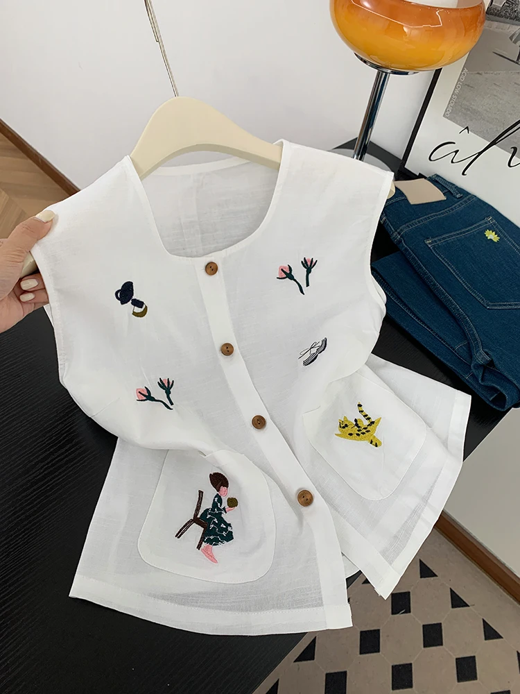 

Новая летняя женская белая майка-топ в корейском стиле с милой мультяшной вышивкой и круглым вырезом