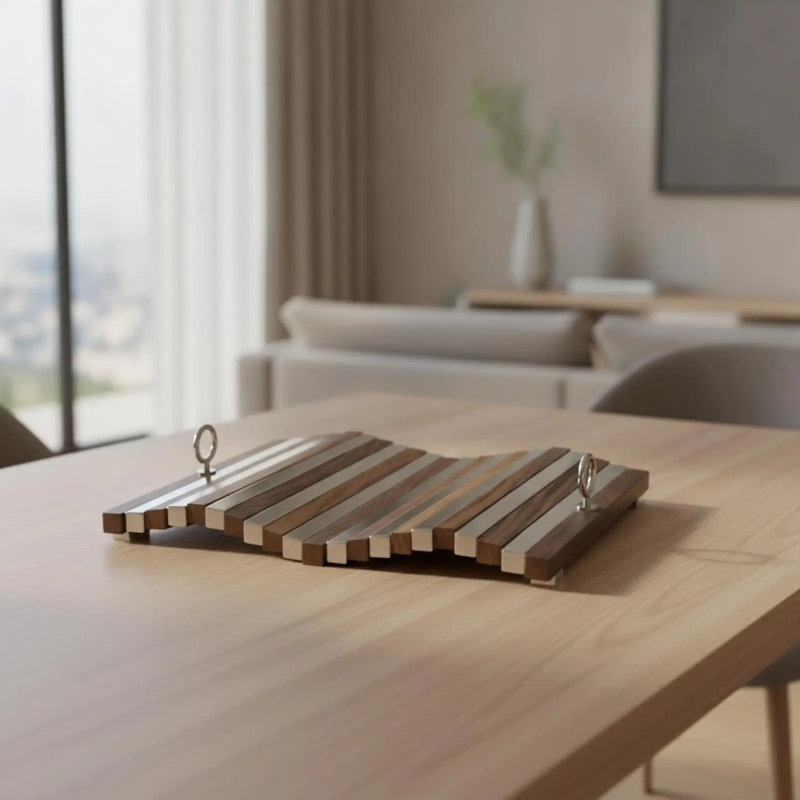 Modern Rectangular Wood Metal Serving Tray Centerpiece Luxury Decorative Tray with Handles for Reception or Dining