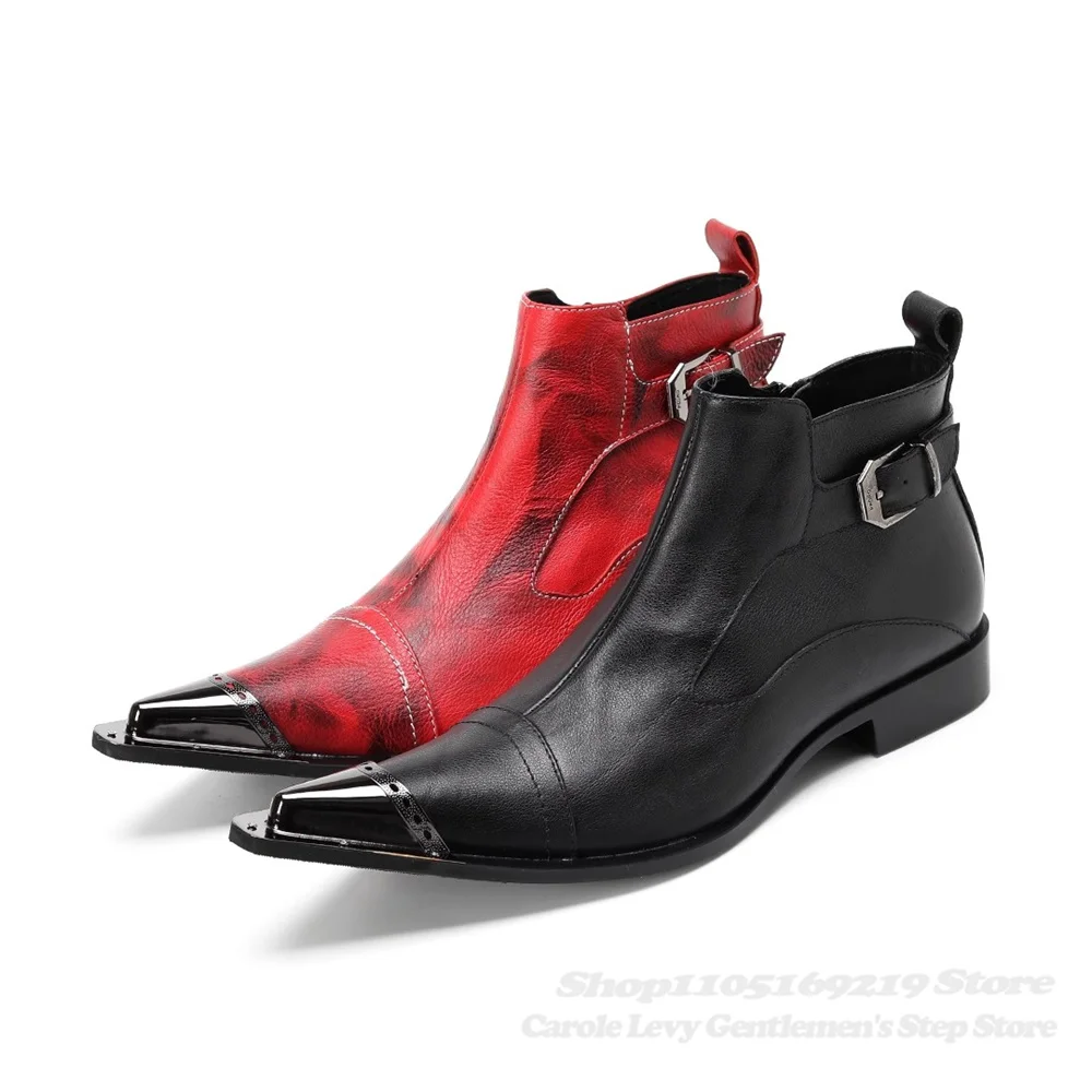 New Personalized Iron Pointed Fashion Boots Trendy Youth Short Boots Nightclub Red Black Leather Buckle Strap Ankle Boots