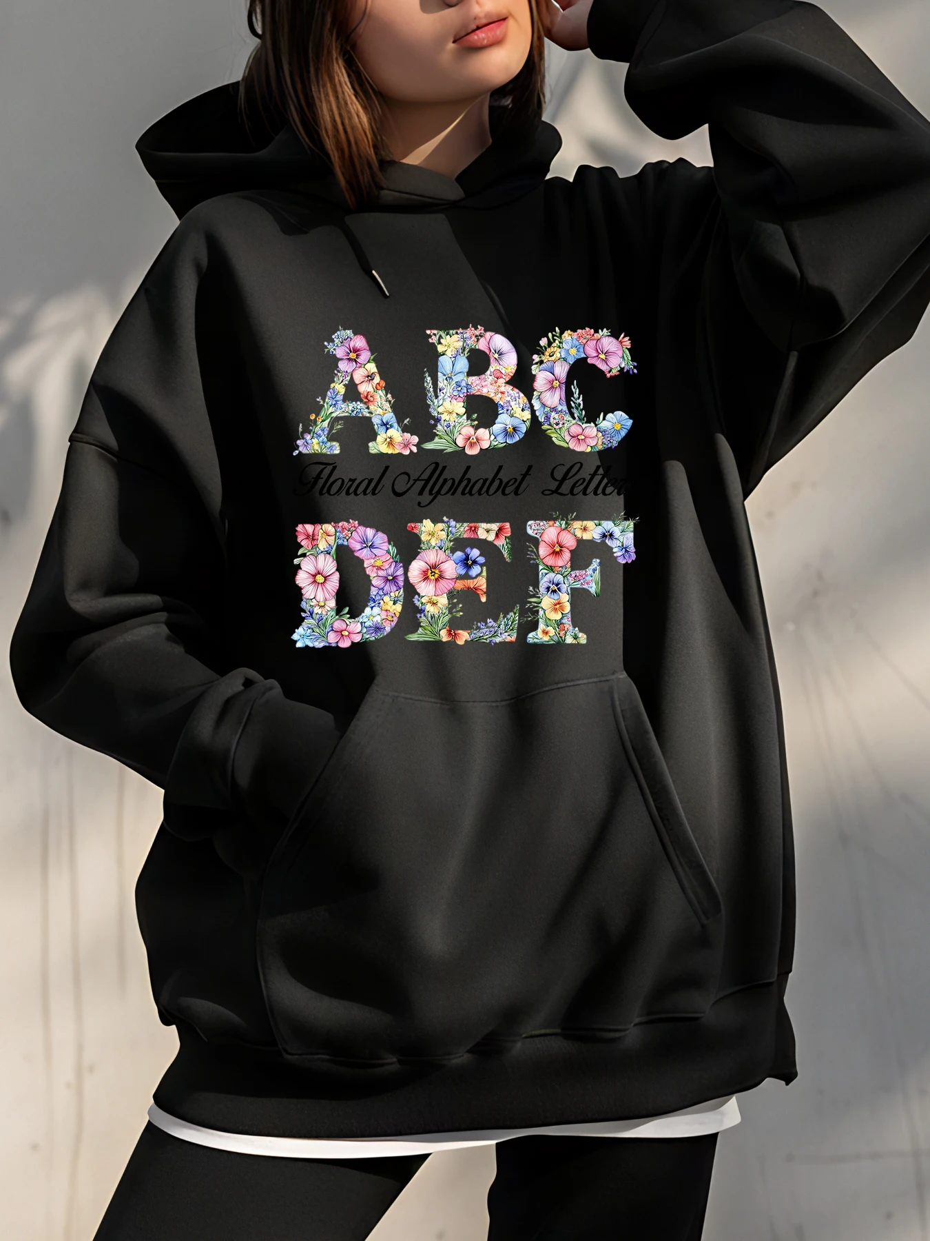 

Толстовка с цветочным принтом и буквами алфавита, женская толстовка с принтом, повседневная уличная одежда, модная одежда для девочек и женщин
