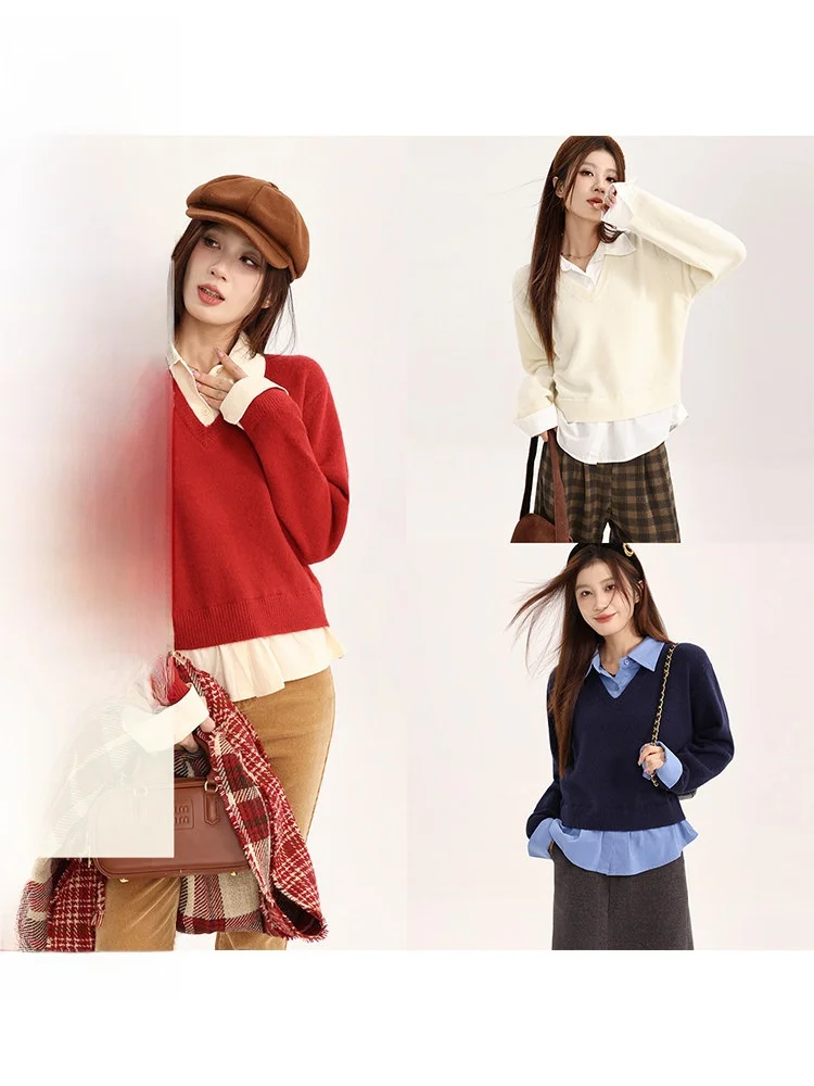 

Collar Long Sleeve Splicing Sweater Women's Slimming Versatile Fleece Blend Commute Style Winter Warmth Single Piece