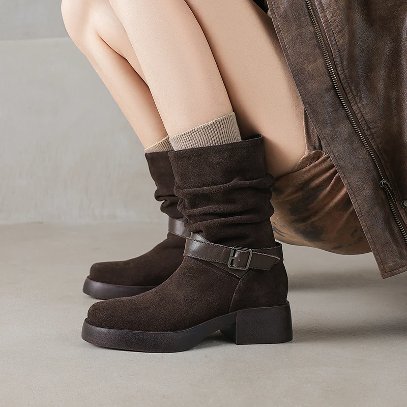 2026new autumn winter women ankle boots natural leather plus size 22-26cm cow suede round toe thick heel belt buckle short boots