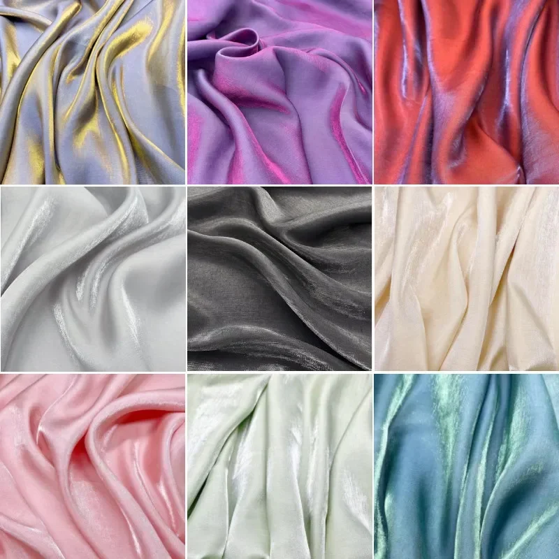 Crystal Glass Silk Gradient Fabric, Glitter, Glossy Satin Fabric, Holographic Dress Material, Shiny Clothing Fabric