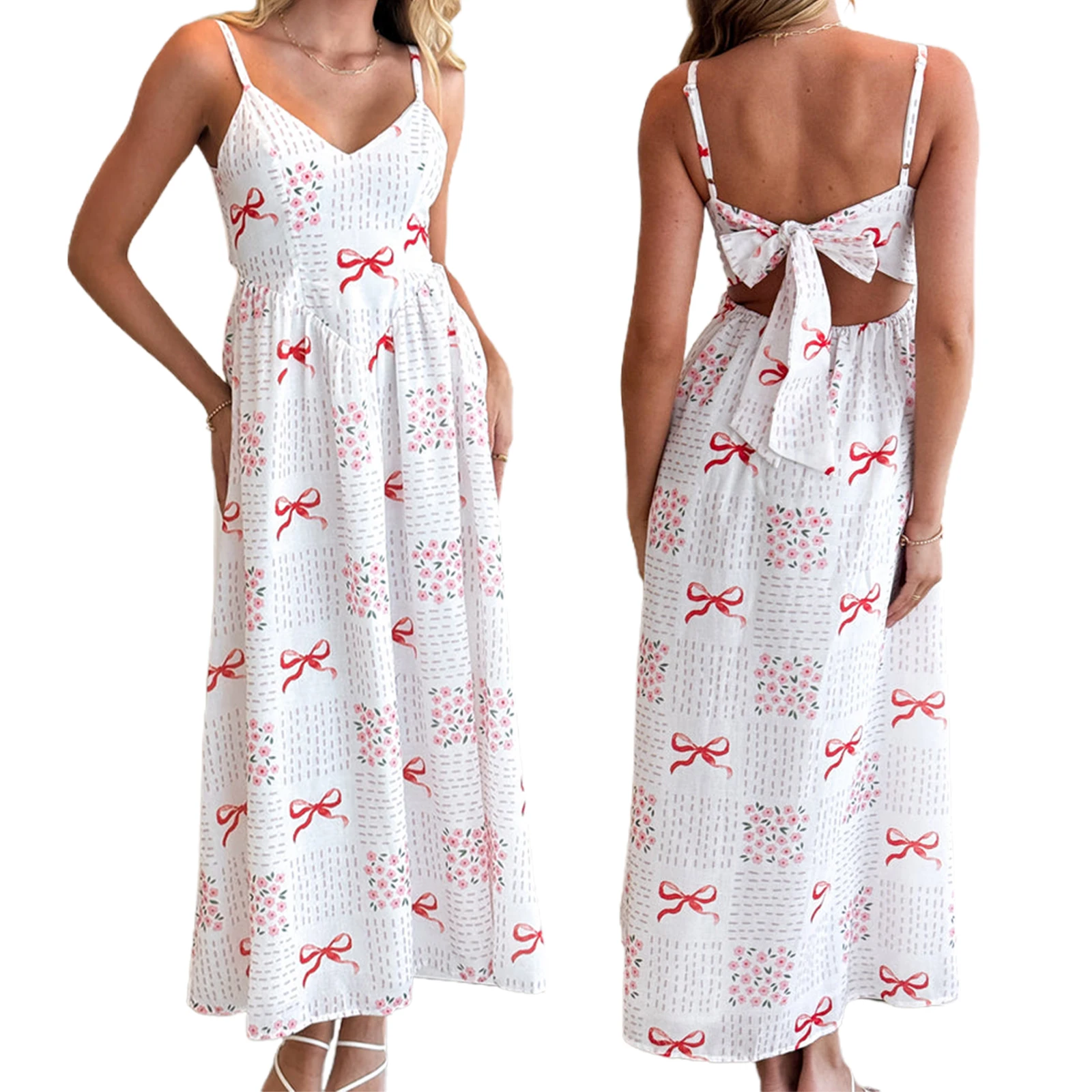 

Women Slip Dress Holiday Spaghetti Straps V-neck Backless Bow Floral Print Swing Dress Summer Long Dress for Cocktail Party