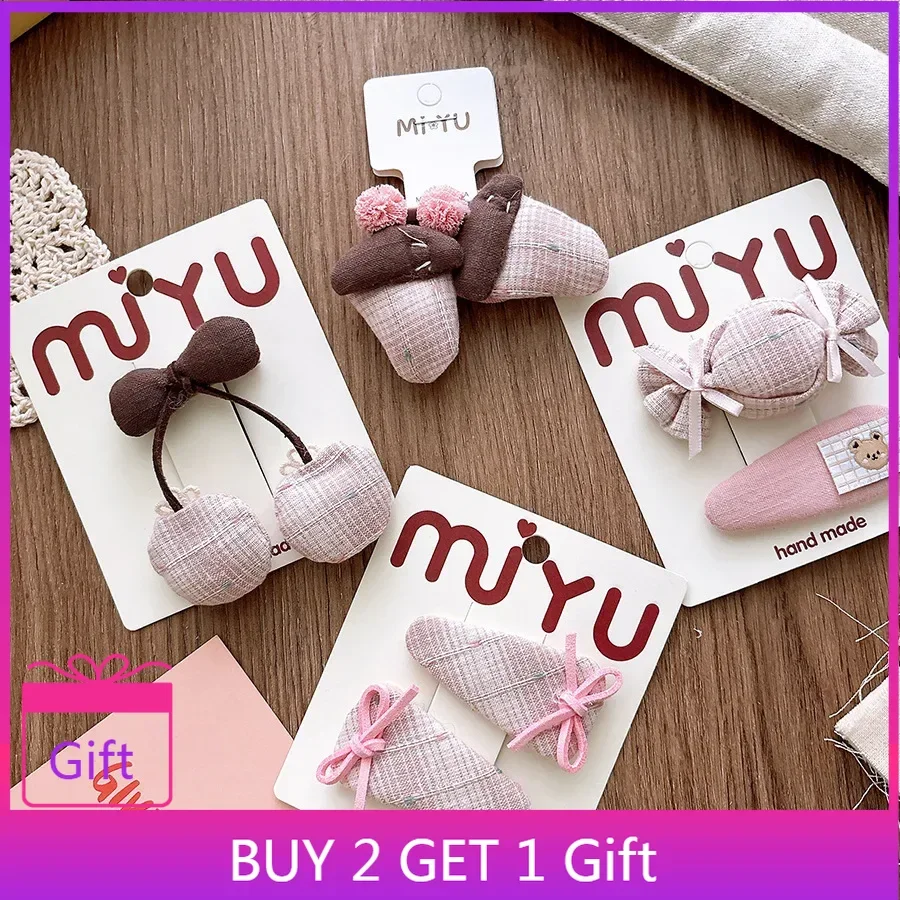 

Korean Cute Fabric Bow Cherry Bb Clip Kids Pink Candy Hair Accessories Bangs Clip Hair Ties Elastic Band Set