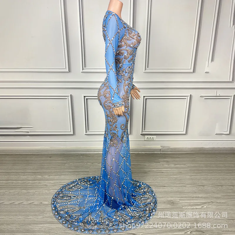 Niebieska Sukienka Wieczorowa z Głębokim Dekoltem w Serek, Prześwitująca Siateczka, Elegancka, na Urodziny, Koktajl, Bal, Spotkanie Firmowe, Sukienka dla Gospodyni, Vestido Festas