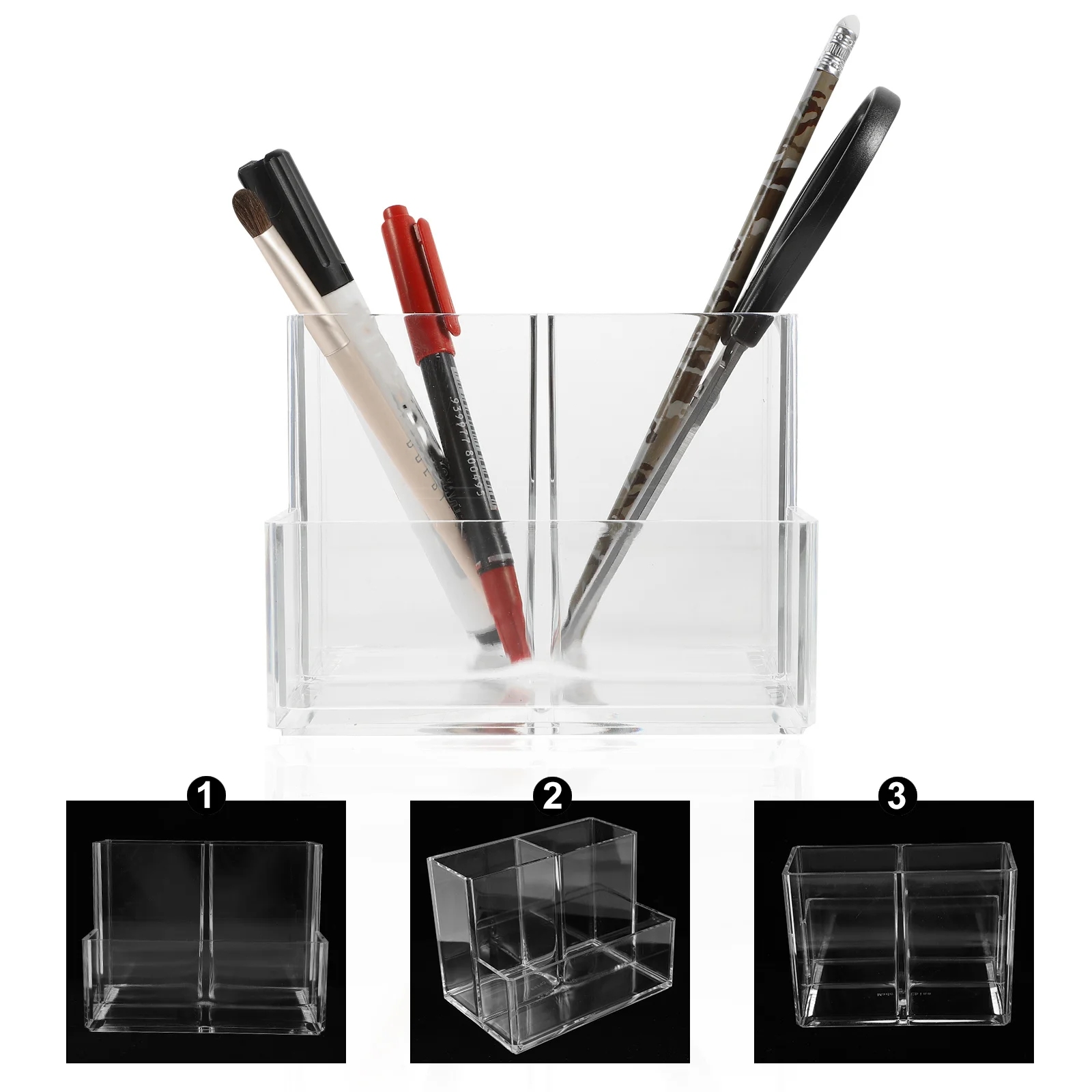

3 Compartment Clear Acrylic Pen Holder Desktop Organizer Makeup Brush Holder Stationery Storage Container Makeup Brush Holders