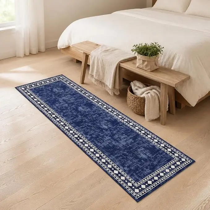 Runner Rug Modern Bordered Hallway Runner Rug, Washable Area Rug Stain Resistant Non-Slip Carpet Minimalist Border Floor Cover Entryway Rug for Laundry Kitchen