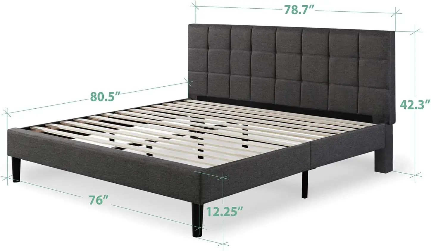 Lottie Upholstered Platform Bed Frame / Mattress Foundation  Wood Slat Support  No Box Spring Needed  Easy Assembly, Grey, King