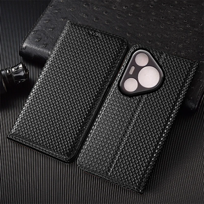 

Grass Mat Genuine Leather Flip Case For Huawei P10 P20 P30 P40 P50 P50E P60 Pura 70 80 Art Pro Plus Ultra Lite Cover Card Cases
