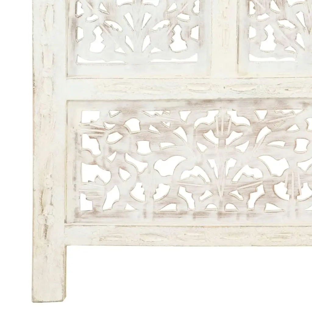 Hand Carved Four Panel Room Divider White Solid Wood 63x65cm