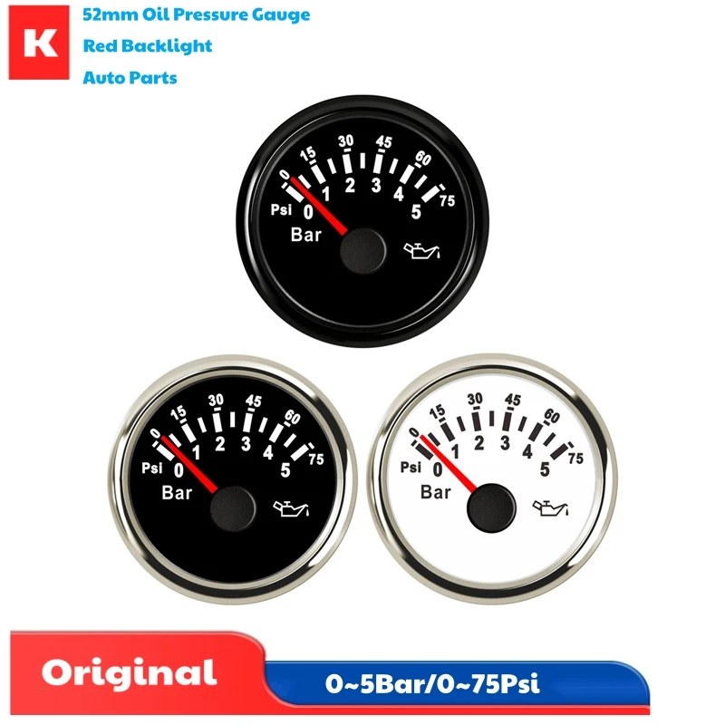 

Auto 52mm 0-5Bar Show Oil Pressure Gauges Marine 0-75Psi Oil Pressure Meters 10-180ohm Input Signal with Red Backlight 9-32v