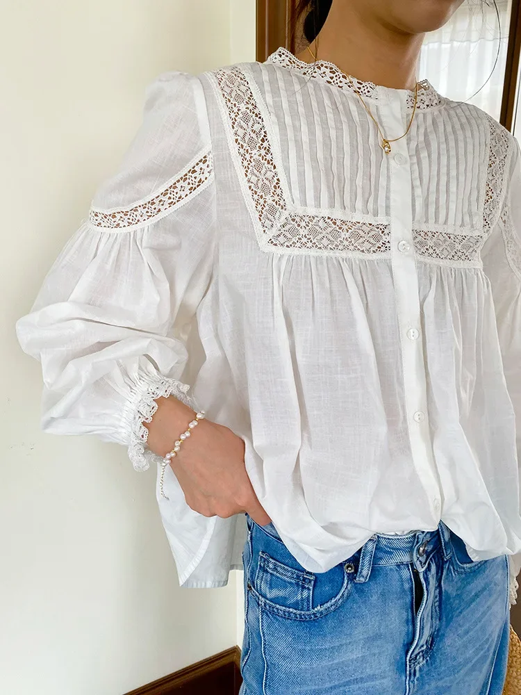 GypsyLady French Elegant Chic Blouse Shirt Cotton Lace Hollow Out Spring Autumn Women Long Puff Sleeve Casual Ladies Top Shirts