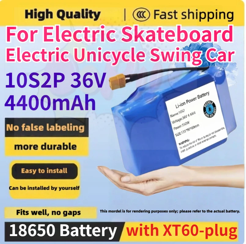 

36V 4400mAh 18650 10S2P Lithium Ion Battery Pack for Electric Skateboard Electric Unicycle Swing Car Batteries with XT60-plug