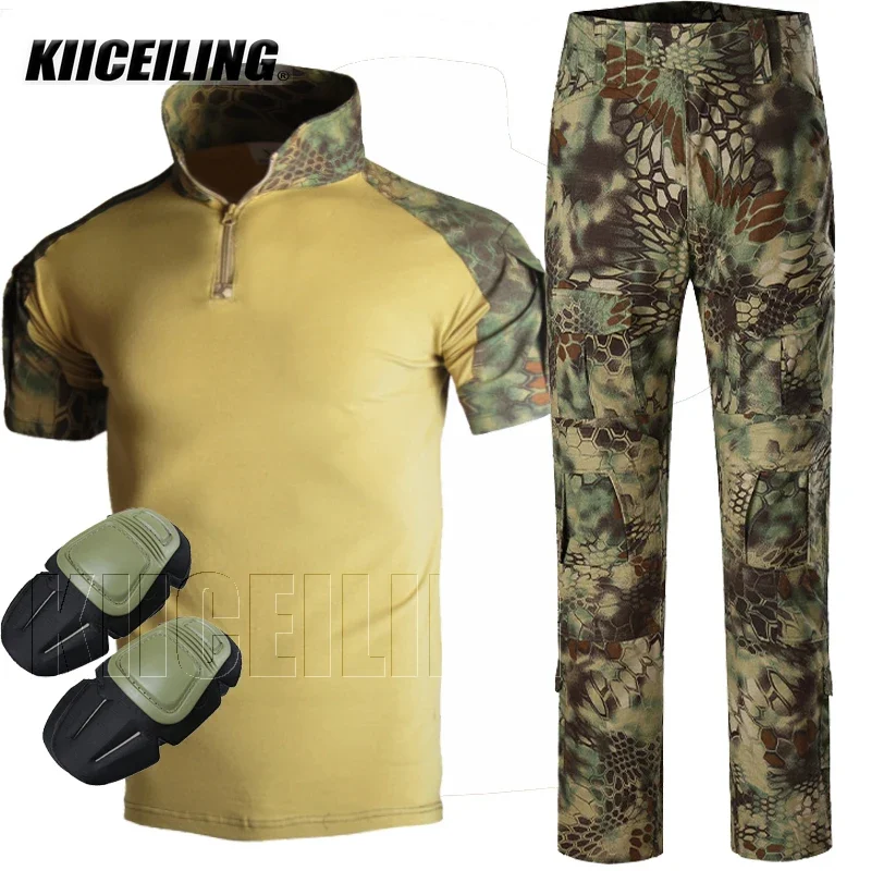 KIICEILING G2 Multicam Tactical Shirt Short Sleeves T Shirt Combat Pants With Pads Camouflage Hunting Clothes