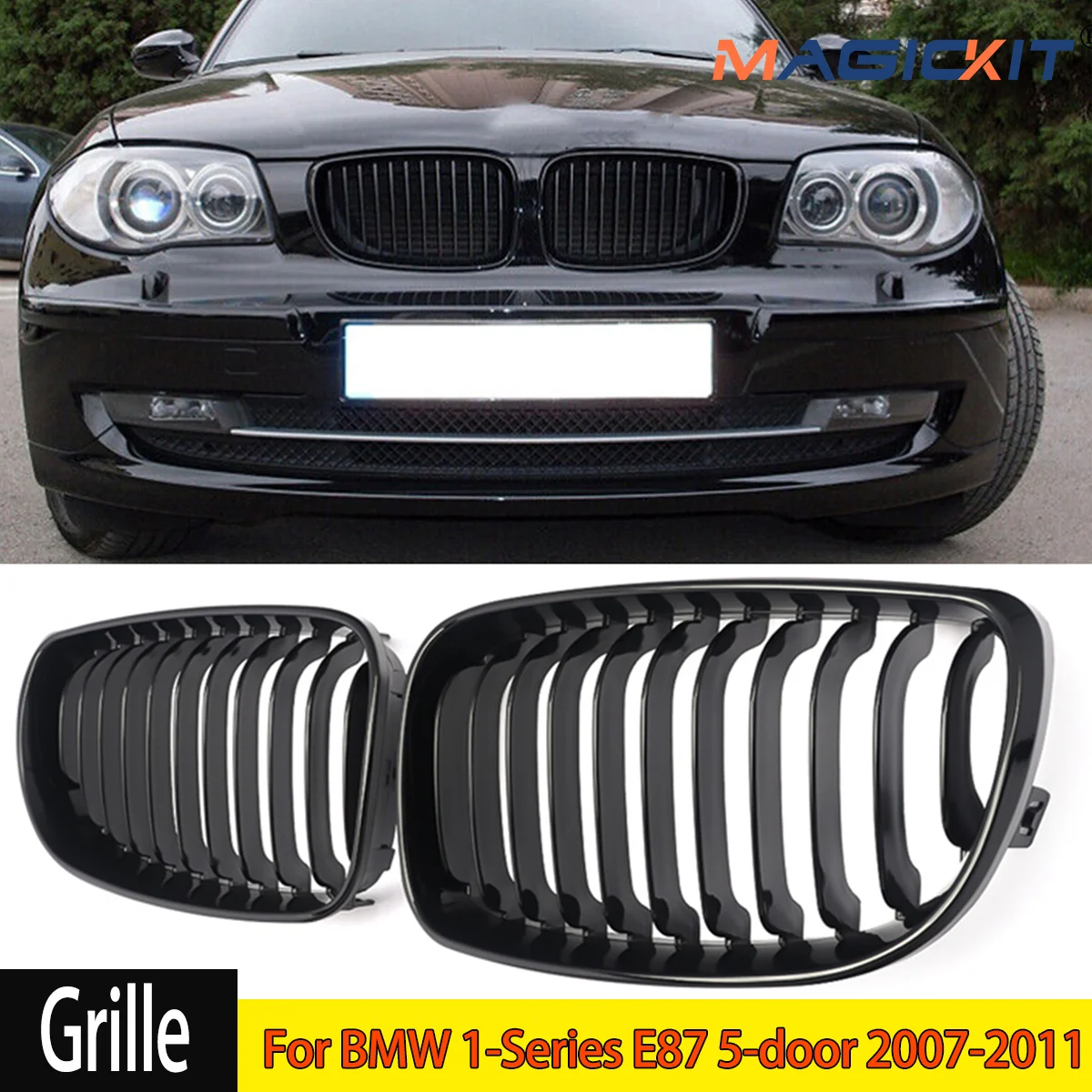 1 Pair Front Kidney Grille Gloss Black For BMW 1 Series E81 E82 E87 E88 2007-2011 1 Slat Line Car Styling Sport Racing Grills