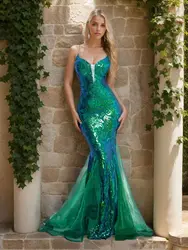Sleeveless V Neck Sequined Organza Mermaid White Wedding Party Dress Backless Floor Length Evening Prom Gown