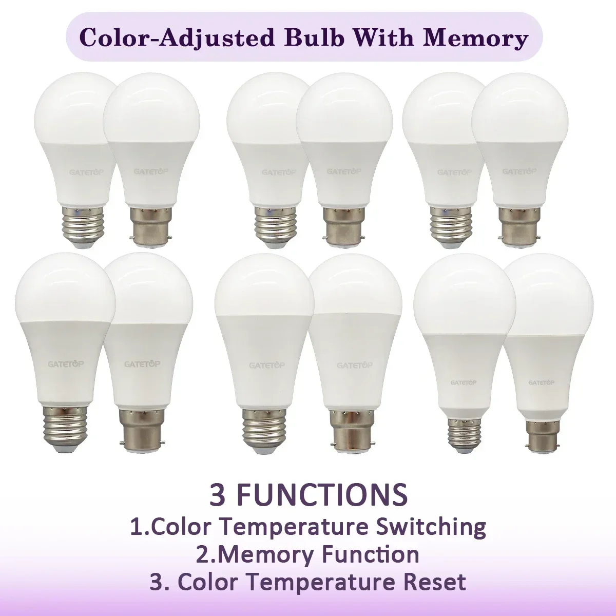 

5pcs Wall Switch CCT E27 B22 Bulb 3 Color Temperature AC100-240V 18W 24W Memory Function Color Temp Reset Light for Bedroom