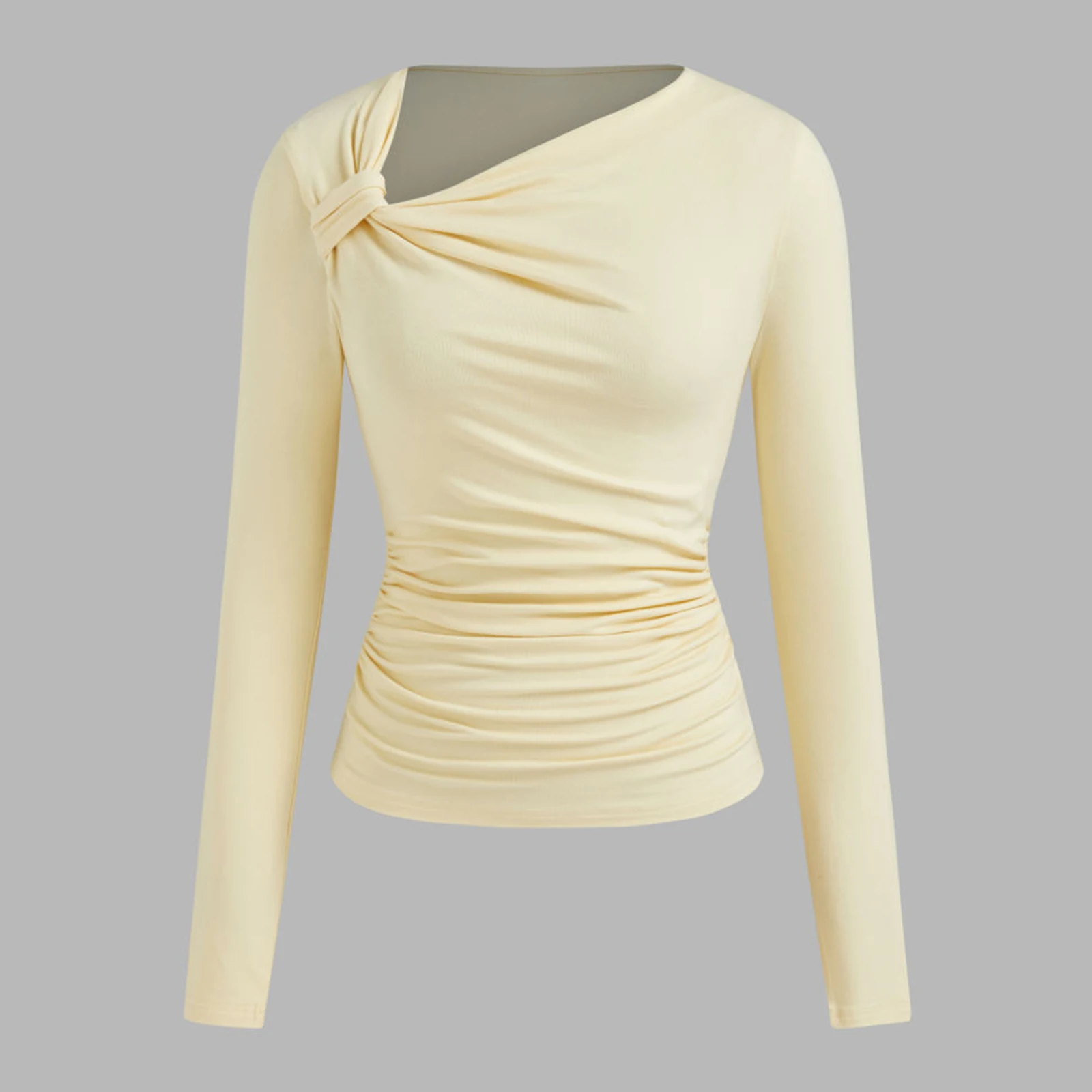 المرأة مائل الرقبة المحاصيل الأعلى موضة الشارع الشهير خريف ملابس علوية بأكمام طويلة للربيع قمم الإناث معقود Ruched سليم تي شيرت مجسم الزي #4