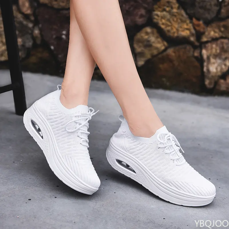 Fashion Breathable Air Mesh Women Shoes Wedges Heel Shoes Ladies Knitting Sock Sneakers Women Platform Casual Shoes